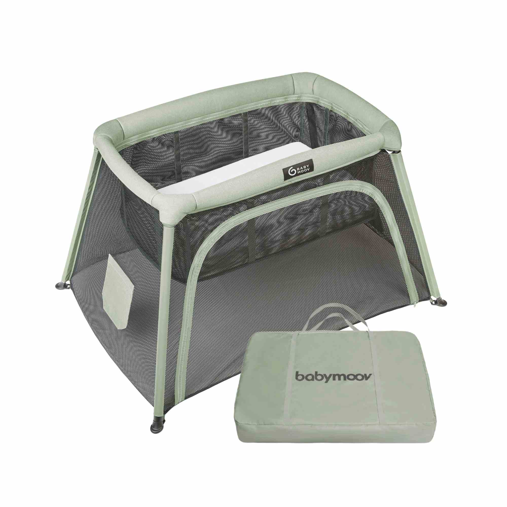 Portable baby playpen with carrying case on a white background