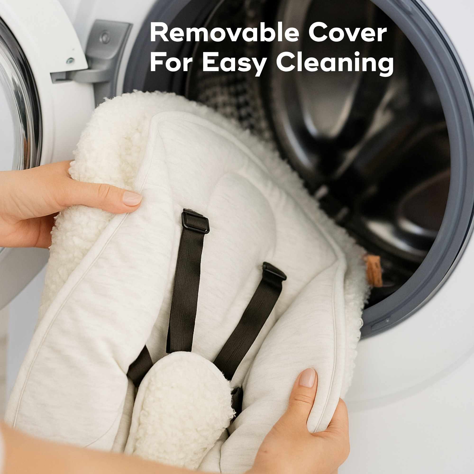 Person holding a white cover with black straps in front of a washing machine, with text 'Removable Cover For Easy Cleaning'.