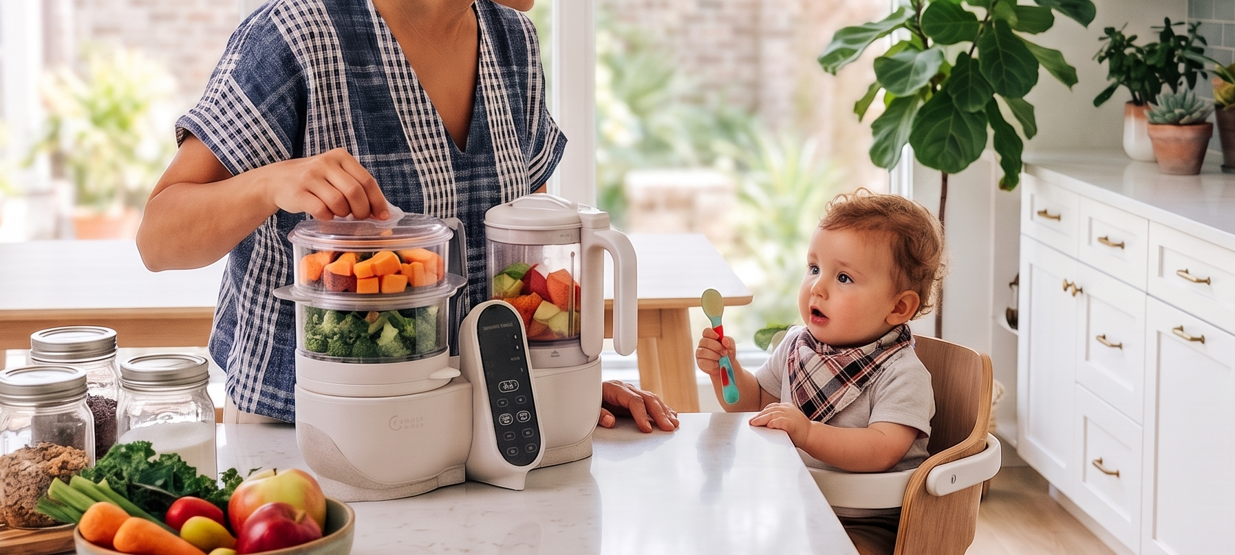 A woman in a kitchen prepares baby food using a white Babymoov baby food maker, while a baby sits in a wooden high chair next to her. The kitchen is bright and modern with white cabinets, a marble countertop, and fresh vegetables.
