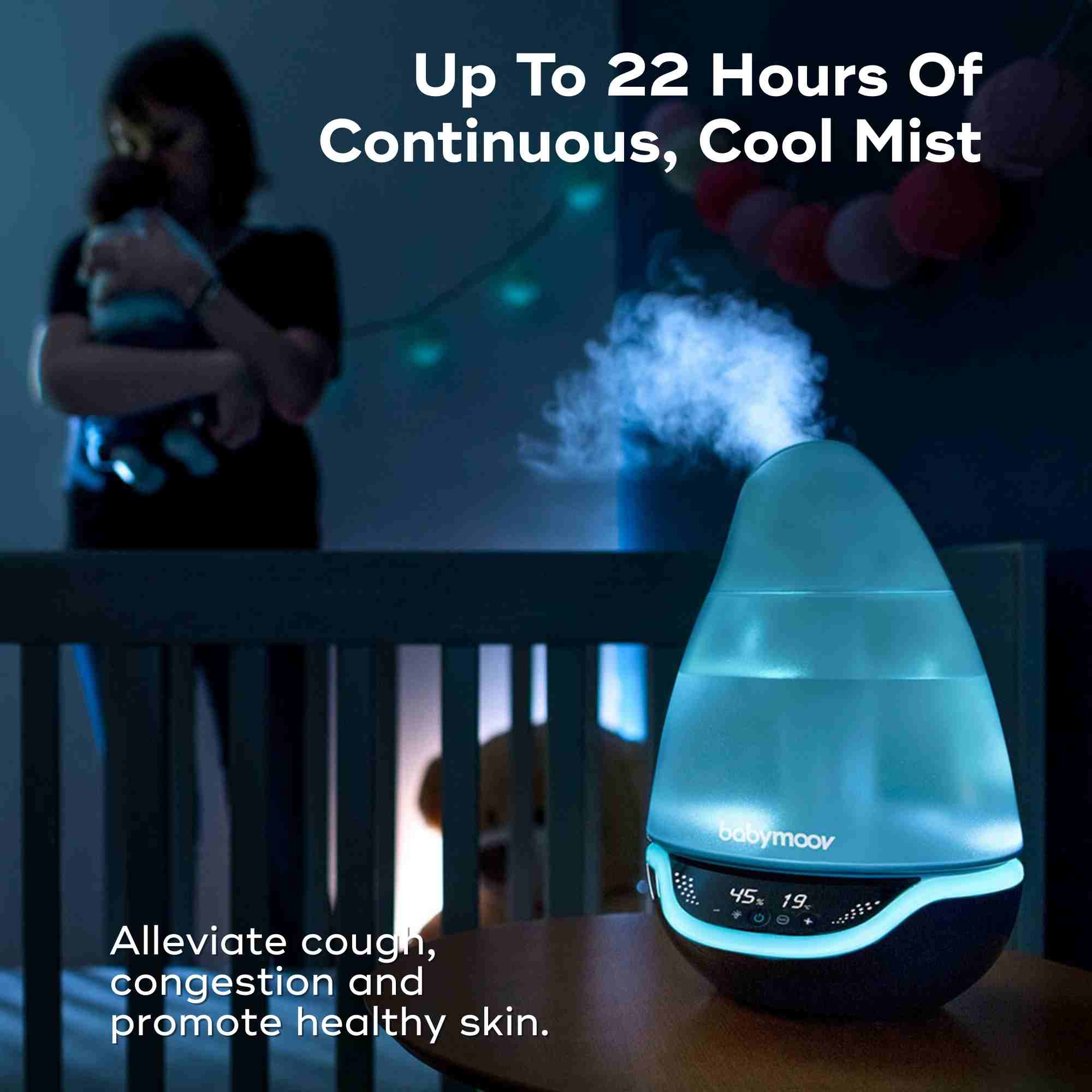 Cool mist baby humidifier in nursery during sleep