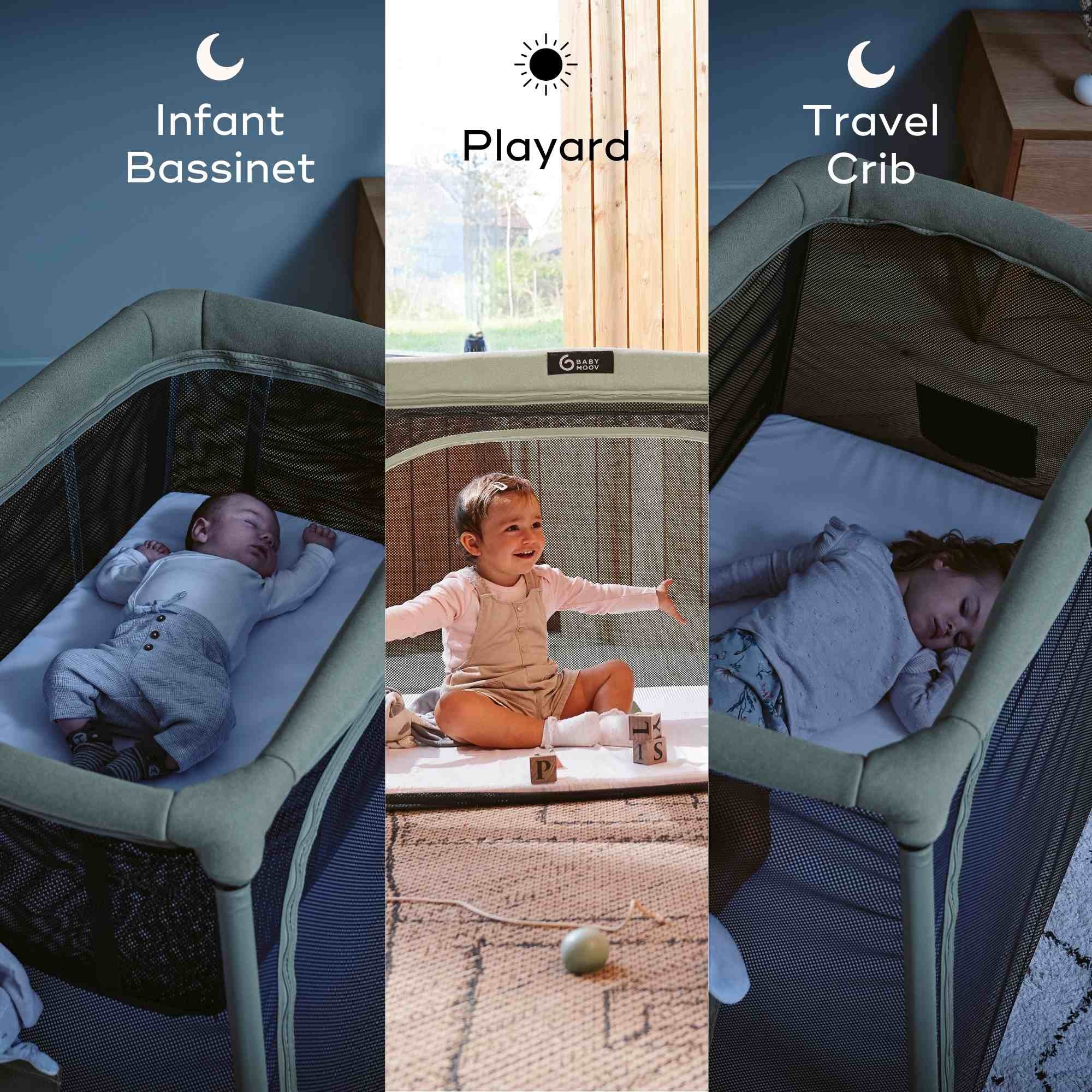 Three different baby cribs labeled 'Infant Bassinet', 'Playard', and 'Travel Crib' with babies in each.