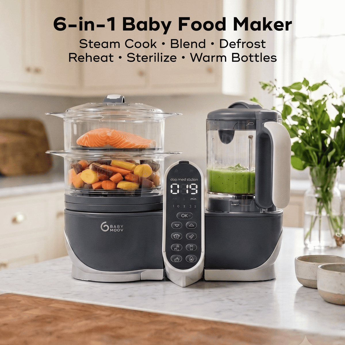 Babymoov Duo Meal Station 6-in-1 baby food maker in Grey — blender and steamer for homemade baby food #color_grey