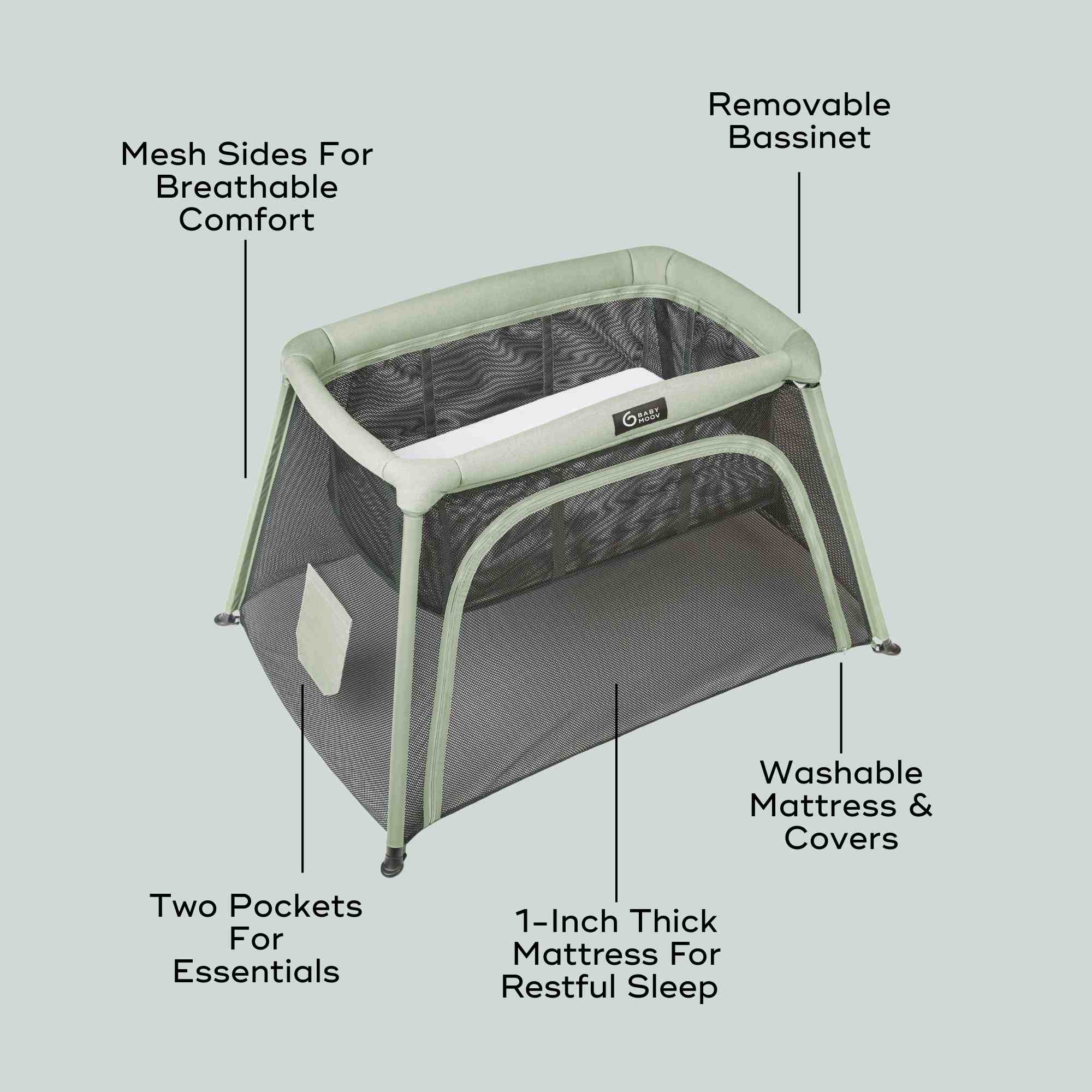 Portable bassinet with features highlighted on a light gray background