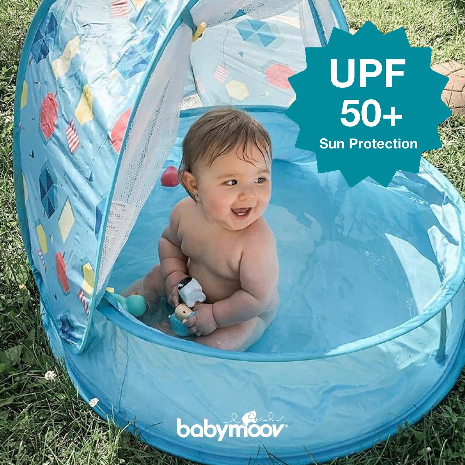 Pop up Anti uv beach tent for babies infants and toddlers. Mosquito proof pop up tent. Pool pop up tent. Tent with pool. Pool can be turned into ball pit tent. Sun shelter for babies with pool. Fill water in the tent to turn it into a pool tent. Kiddie pool. Blue design in kiddie pool. Baby pool.